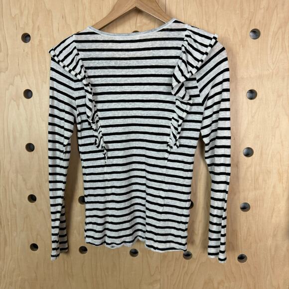 Frame Women’s Crewneck Striped White Black Linen Top w/ Ruffled Trim Size Small - Picture 4 of 6